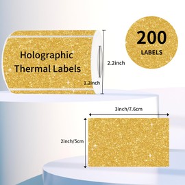 YEGAWEN 3x2 Inch Holographic Thermal Labels, Shiny Gold Thermal Sticker Labels, Rainbow Glitter Thermal Stickers for Price, Barcode, Mailing, Name, DIY Custom Logo Design, 200 Labels/1 Roll