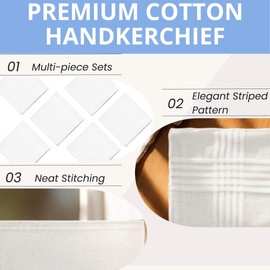 ZGZUN 12 Pack Men's Handkerchiefs Cotton White Handkerchiefs for Men Solid Color Gents Hankies with Stripe for Wedding Party, Gifts for Men Women