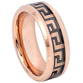 2-tone Tungsten Carbide Ring, 8mm Polished Finish Rose Gold Plated Comfort Fit Tungsten Wedding Band with Black Greek Key Inlay - s11.5