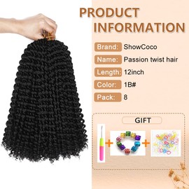 12 Inch Short Passion Twist hair, 8pcs Passion Twist Crochet Hair,Water Wave Crochet Hai Extensions For Passion Twist Braiding Hair Braids Natural Black Bohemian Hair (12 Inch,#1B)