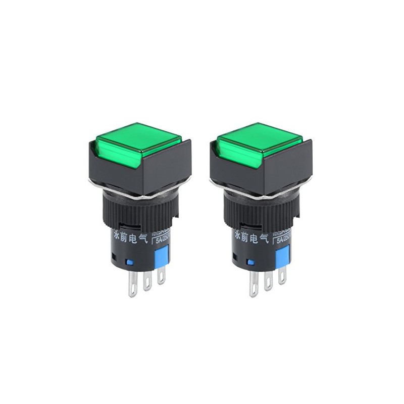 uxcell 2 pcs 16mm Latching Push Button Switch Green Square