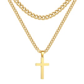 Zocomi Layered Cross Necklace for Men Boys Stainless Steel Cross Pendant Cuban Link Chain Religious Christian Gift (Gold)