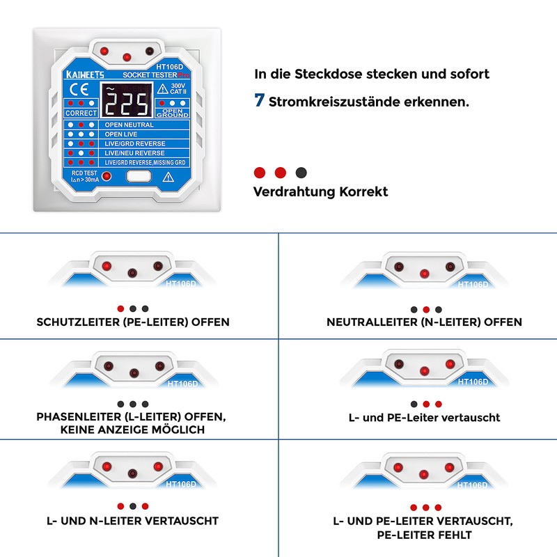 KAIWEETS Socket tester with RCD test and LCD voltage display,