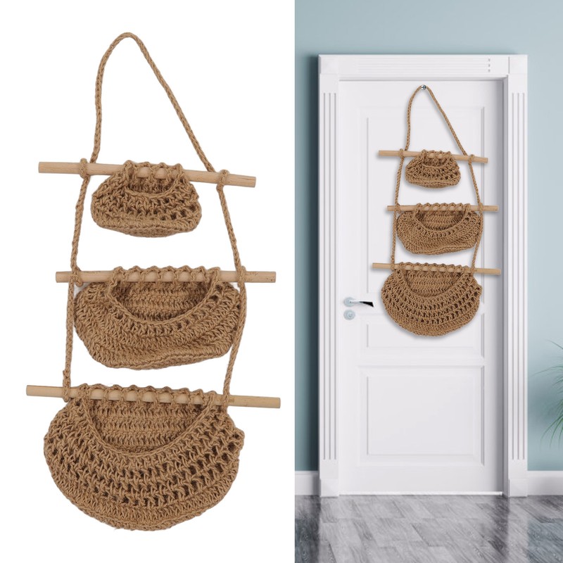 Hanging Fruit Basket 3 Tier Wall Mounted Handcraft Hemp Rope