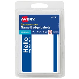 Avery Customizable Name Tags, Hello My Name is, 2-1/3" x 3-3/8", White, Blue Border, Removable Adhesive, Non-Printable, 25 Total (6175)