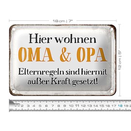 Dekoratives Blechschild 'Hier wohnen OMA & OPA | Elternregeln außer Kraft' | Geschenk für Großeltern | Nostalgischer Stil | 18 cm x 12 cm