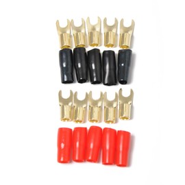 IMIKEYA 5 Pairs 8 Gauge Strip Spade Terminal Spade Copper Gold Plated Fork Adapters Connectors Plugs Crimp Barrier Spades for Speaker Wire Cable Terminal Plug- (8GA Red and Black)