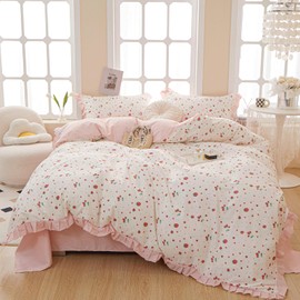 VM VOUGEMARKET Pink Ruffle Duvet Cover Queen with Cute Strawberry Fruit Printed Reversible Pink Striped Lace Comforter Cover Cotton Princess Bedding Set for Teen Girls