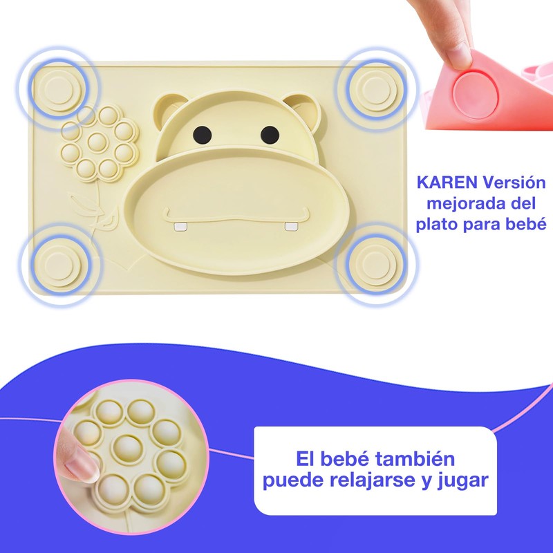 KAREN Plato Autoadherible Silicon para Bebe, Plato Alimenticio de Silicona