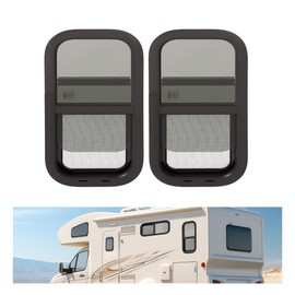 WUTIST 2PCS 12" W x 24" H RV Window Universal W/Net Screen and Trim Ring Slide Vertical Window Tempered Glass Aluminium Plastic Rubber Black Dark