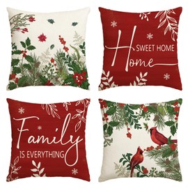 AVOIN colorlife Christmas Cardinal Home Sweet Home Poinsettia Holly Berries Throw Pillow Covers, 18 x 18 Inch Family is Everything Winter Holiday Cushion Case Decoration for Sofa Couch Set of 4