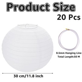 ZOFUN 20 Pcs Paper Laterns, 30 cm White Paper Lampshade with Hanging Lines, Round Paper Light Shades Ceiling, Ribbed Chinese Lanterns for Home Ceiling Decorations Weddings Birthdays