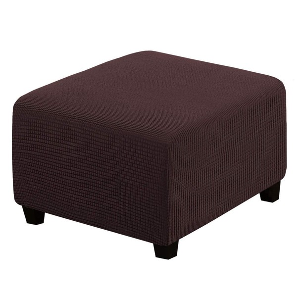 qiden Square Footstool Cover Stretch Ottoman Cover Plush, 10% Thicker Large Stretch Pouffe Cover Anti-Slip Foot Stool Jacquard Slipcovers With Elastic Bottom, Machine Washable-Brown-Large