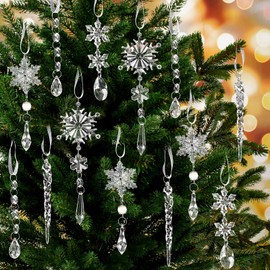 Qpout 18pcs Crystal Christmas Ornaments Christmas Tree Decoration Hanging Acrylic Christmas Snowflake Icicle Drop Crystal Ornaments Pendant for Christmas Tree New Year Party Winter Supplies