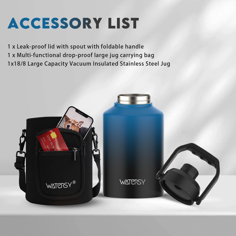 WATERSY Half Gallon Water Bottle Insulated(Cold for 48 Hrs),BPA Free&Leak