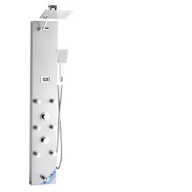 VEVOR Shower Panel Tower System with Rainfall Shower Head, LED, 49 in Brushed Stainless Steel Shower Column, 4-Function Faucet, Wall-Mount Rain Massage System with 6 Body Jets, Handheld, and Tub Spout