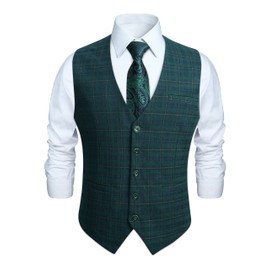 Hisdern Men’s Formal Plaid Wedding Reception Suit Waistcoat in Cotton, Green