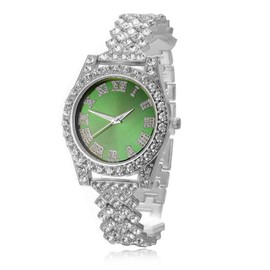 Halukakah Diamonds Gold Watch Iced Out, Kid's 18K Real Gold/Platinum White Gold Plated 36MM Width Green/Blue/Red Dial Quartz Wristband 8" with Cuban Link Chain 7"+16" Necklace Bracelet, Free Giftbox,