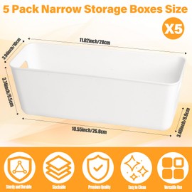 W&H 5 PCS Plastic Storage Boxes, White Rectangle Bathroom Storage Baskets with Handle, Kitchen Cupboard Boxes, Narrow Organiser for Home, Drawers, Office, Shelves - 26.8×8.8×9.5cm