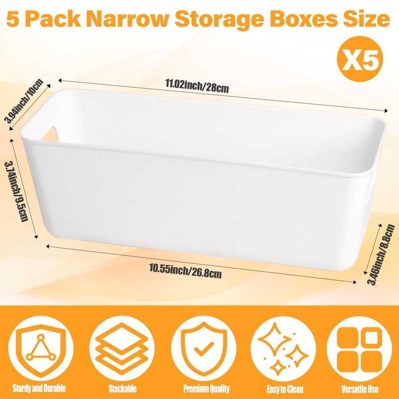 W&H 5 PCS Plastic Storage Boxes, White Rectangle Bathroom Storage