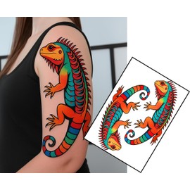 Vibrant Curled Lizard Temporary Tattoos – Set of 2 – 4.5x2 Inches Each – Festival Fake Tattoo for Arm or Elbow – Inkwear
