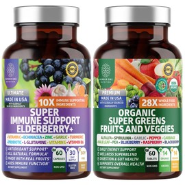 N1N Premium Organic Super Fruits & Veggies + Immune Support [38 Powerful Ingredients], Natural Super Greens Supplement with Alfalfa, Vitamins & Minerals, Zinc, Turmeric and Probiotic, 120 Caps