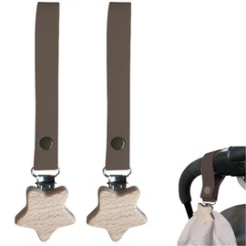 Blanket Clips, Stroller Clips, Star Shape, Set of 2, Wooden Clips, Towel Clips, Fall Prevention, Cold Protection, Baby Throw Clips, Stroller Accessories (Brown)