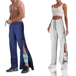 Unisex Tear Away Pants 2 Side Snaps Post Surgery Breakaway Pant Full Open Down Cotton Rip Off Sweatpants for Hip Replacement LGrey S