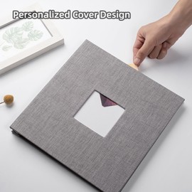 HoneyTolly Large Photo Album Self Adhesive with Picture Display Window, DIY Scrapbook Album for 4x6 8x10 Pictures, 40 Pages Linen Cover Memory Book with Scraper and Metallic Pen(Grey)