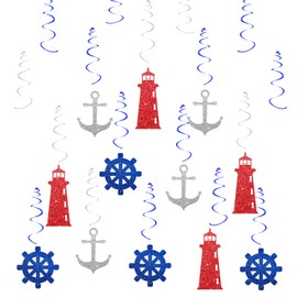 30pcs Nautical Hanging Swirls, Anchor Hanging Decoration for Baby Shower, Ahoy Boy Birthday Ceiling Streamers, Nautical Baby Shower/Bachelorette Party Favors - Blue&Silver Glitter