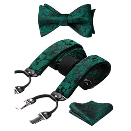 HISDERN Suspenders for Men Green Suspender and Bow Tie Set Dark Green Paisley Adjustable Y-Back Tuxedo Suspender Bowtie Pocket Square for Wedding