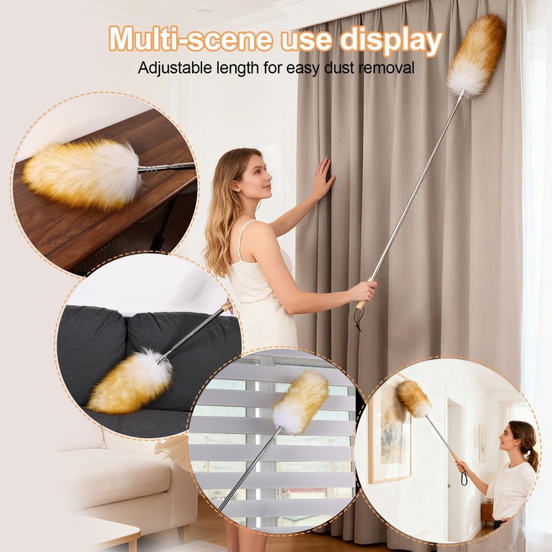 Extendable Lambswool Feather Duster 31-88 Inch, Anti-Static Wool Duster for