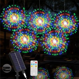 Solar Firework Hanging Lights Outdoor 5 in 1, 1000 LED Solar Starburst Sphere with USB Rechargerable, 8 Modes Waterproof Solar Fairy Lights for Gazebo Yard Party Wedding Christmas Decorations