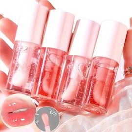 Dulele Juego de 4 aceites labiales con sabor a fruta, aceite hidratante que brilla intensamente, bálsamo labial no pegajoso, cuidado de labios hidrata