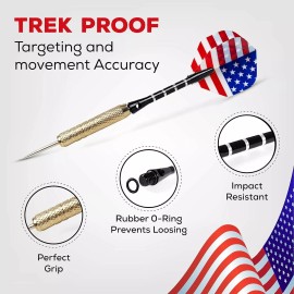 TREKPROOF 12 Pack Steel Tip Darts - Aluminum Shafts, Brass Barrels & National Flags