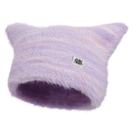 Croogo Fuzzy Beanie Cute cat Ear Hats for Women Winter Knit Long Scarf Neck Warmer Stylish Beanie Gift Set,Purple-KHAM2402