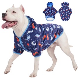 LovinPet Dog Winter Clothes, Flannel Winter Clothes for Large Dogs, Soft Sweater Pajamas with Front Sleeves, Easy On/Off Snap Buttons, Dinosaurs Blue Prints, XXL
