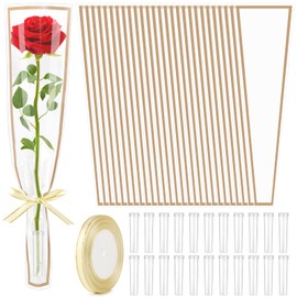 Mauproy 100Pcs Single Rose Sleeves with 100 Pcs Floral Water Tubes and Ribbons, Single Flower Bags Plastic Flower Wrap for Valentine’s Day, Wedding, Birthday, Florist Supplies (White)