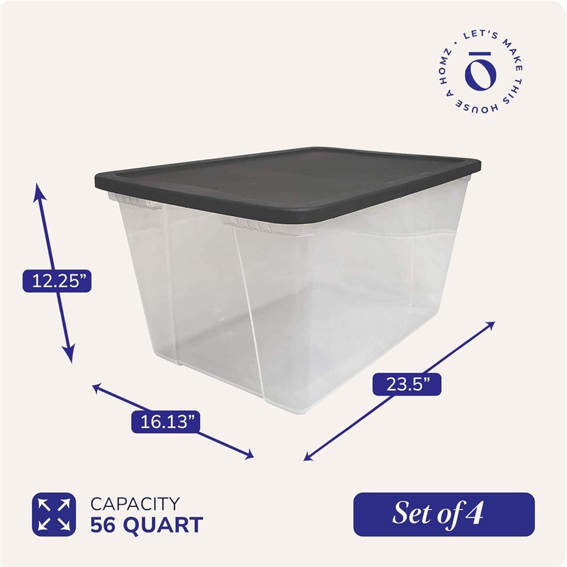 HOMZ 56-Quart Clear Plastic Storage Containers with Lids, Stacklable Storage