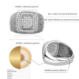 JINAO Men Ring 14K Gold Plated Cluster Iced Out Lab Simulated Diamond Band Micropave Bling Ring for Women (silver,8)