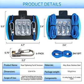 Rope Rollers 6 Pack with Paracord Tensioner Locking Buckle, Cord and Rope Tightening and Cinching Tool, Heavy-Duty Tie Down for Camping, Tarps, Guy Lines, Boating, Outdoor Gear, with 2 Cord