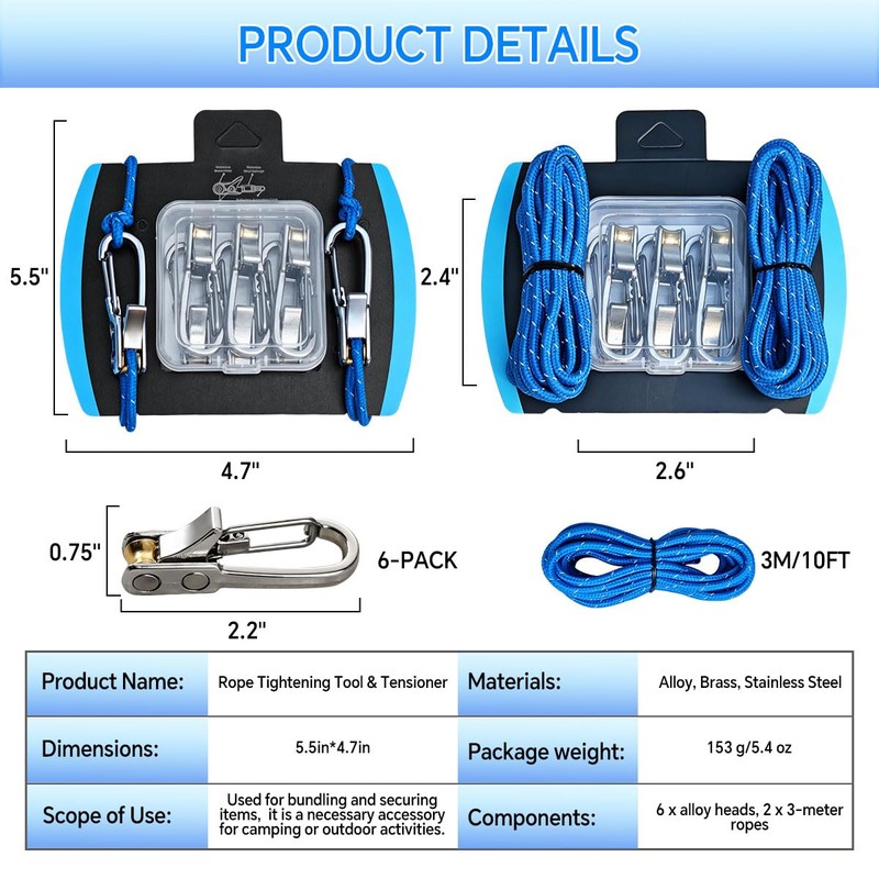 Rope Rollers 6 Pack with Paracord Tensioner Locking Buckle, Cord