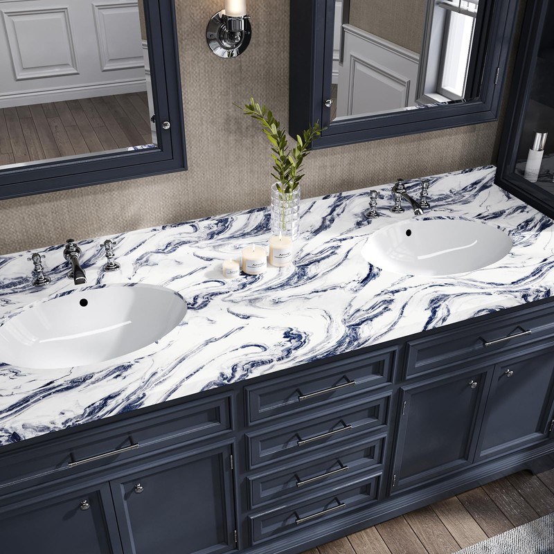 VaryFloral White Navy Blue Marble Contact Paper for Countertops Peel