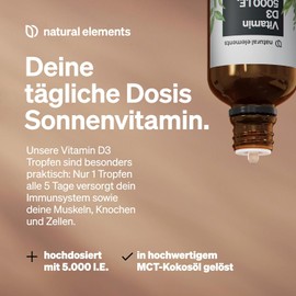 Vitamin D3 - Laboratory-Tested 5000 IU per Drop - 50 ml (1700 Drops) - Version of the Multiple Winner 2019/2020* - In MCT Oil from Coconut - High Dose, Liquid and Made in Germany