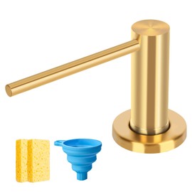 Dish Soap Dispenser Kitchen Sink, Long Spout Kitchen Sink Soap Dispenser Pump, Refill from The Top, Metal Pump Head with 17OZ Large Liquid Bottle, Golden (2 Scrub Sponges)