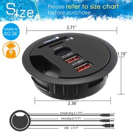 Hub USB 3.0 con ojal (diámetro de 2.3 pulgadas o 60 mm), 2 puertos tipo A y 1 puerto tipo C con lector de tarjetas SD/TF, carga compatible y transmisión de datos, (incluye adaptador de corriente de 5