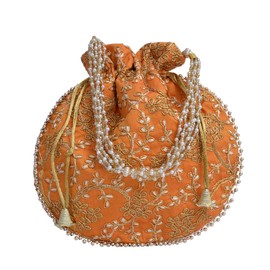 Truesellershop Indian Ethnic Designer Embroidered Silk Potli Bag Batwa Pearls Handle Purse Clutch Purse for Women (Mustard Color)