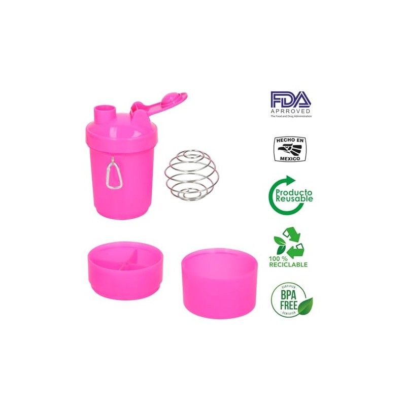 Cilindro Shaker para proteina 450ml. Botella con compartimentos y mezclador.