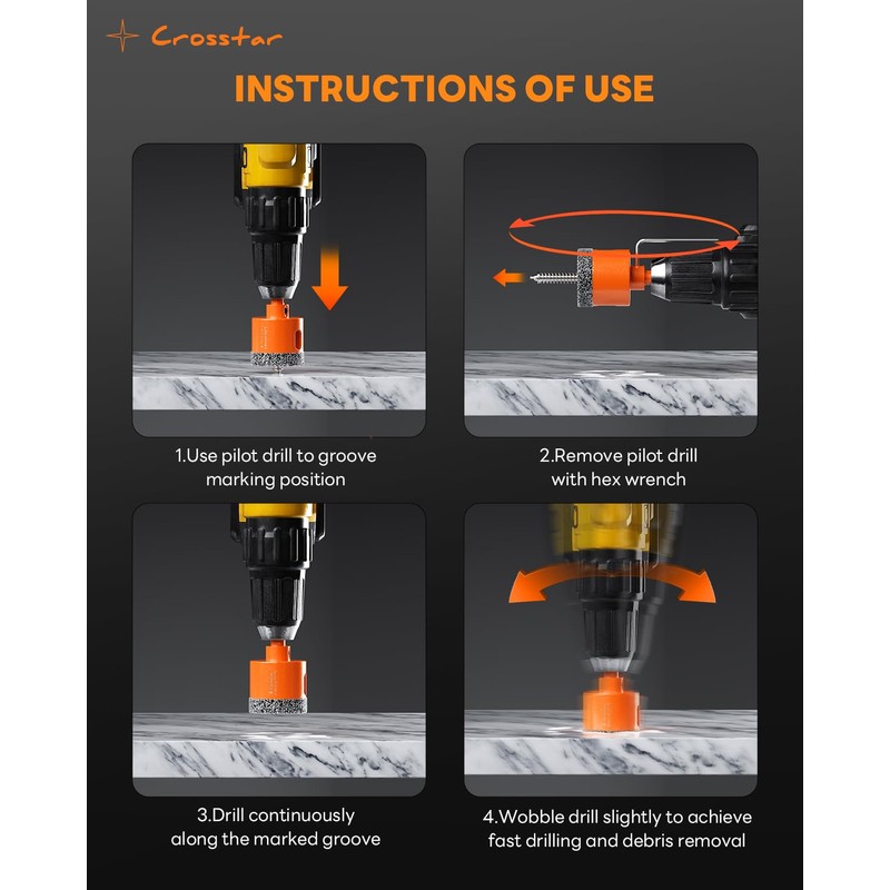 Crosstar 10PCS Diamond Hole Saw Kit with Pilot Bit &