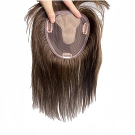 12x14 Lace Base Human Hair Toppers Invisible Middle Part Natural Hairpiece with Wispy Air Bangs Clip In Hair Extension 220% Density (Dark Brown, 14 inch)